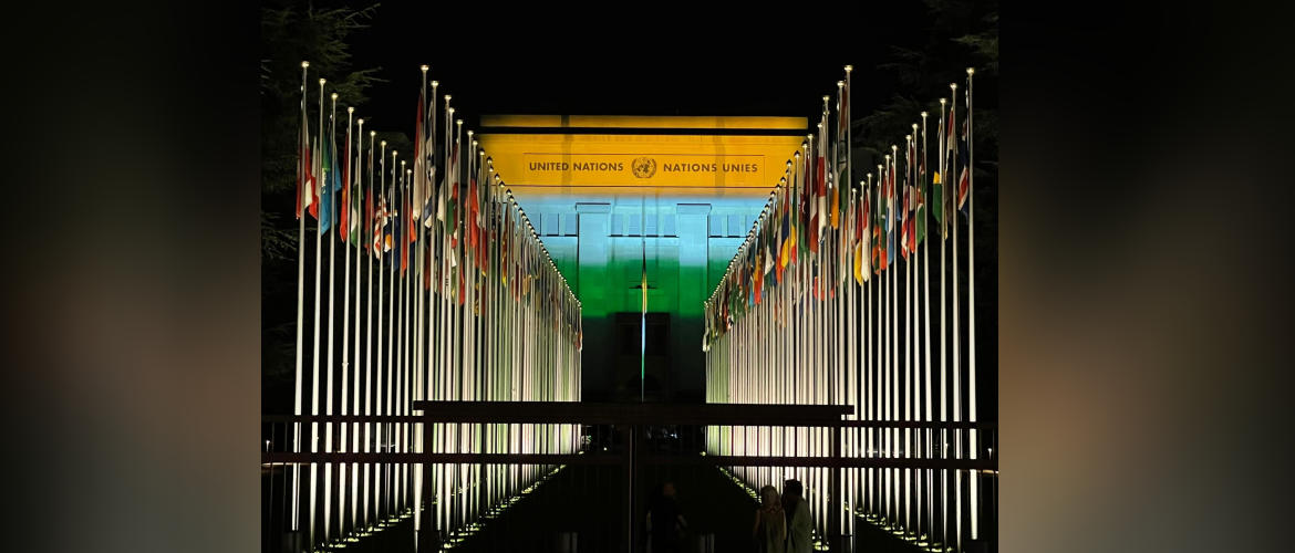  Palais des Nations lit up with the Indian Tricolor on 15 August 2021 on 75th Anniversary of India's Independence
