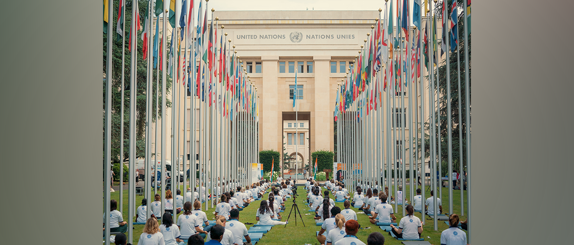  8th International Day of Yoga at Alley of the Flags, Palais des Nations, UN Offices in Geneva